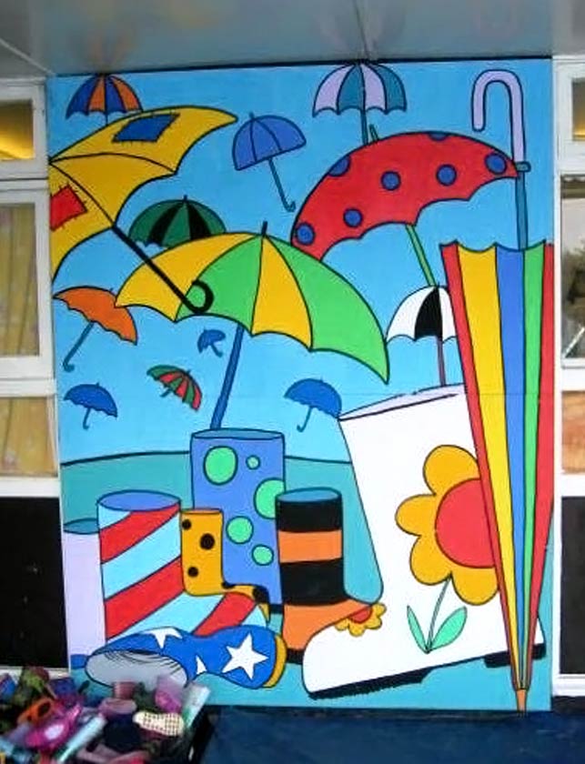 Decorated wall with umbrellas